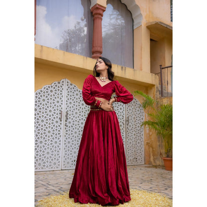 DEASHA INDIA Maryam Red Velvet Detailed Lehenga with Crop Top (Set of 2)