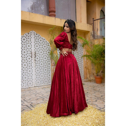 DEASHA INDIA Maryam Red Velvet Detailed Lehenga with Crop Top (Set of 2)