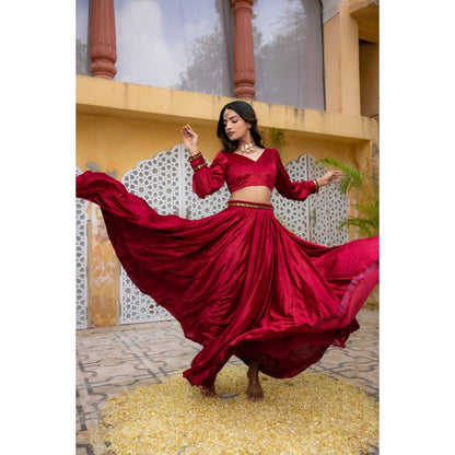 DEASHA INDIA Maryam Red Velvet Detailed Lehenga with Crop Top (Set of 2)