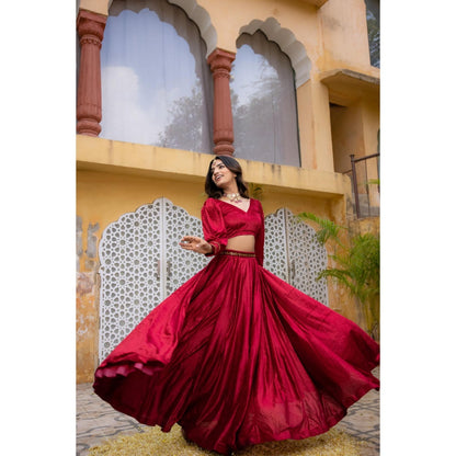 DEASHA INDIA Maryam Red Velvet Detailed Lehenga with Crop Top (Set of 2)