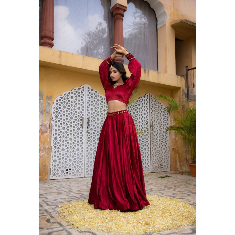 DEASHA INDIA Maryam Red Velvet Detailed Lehenga with Crop Top (Set of 2)
