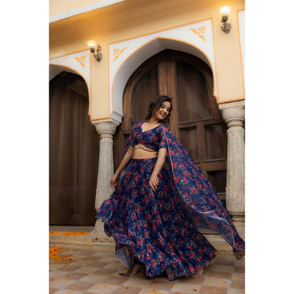DEASHA INDIA Saira Blue Floral Printed Lehenga with Blouse and Dupatta (Set of 3)