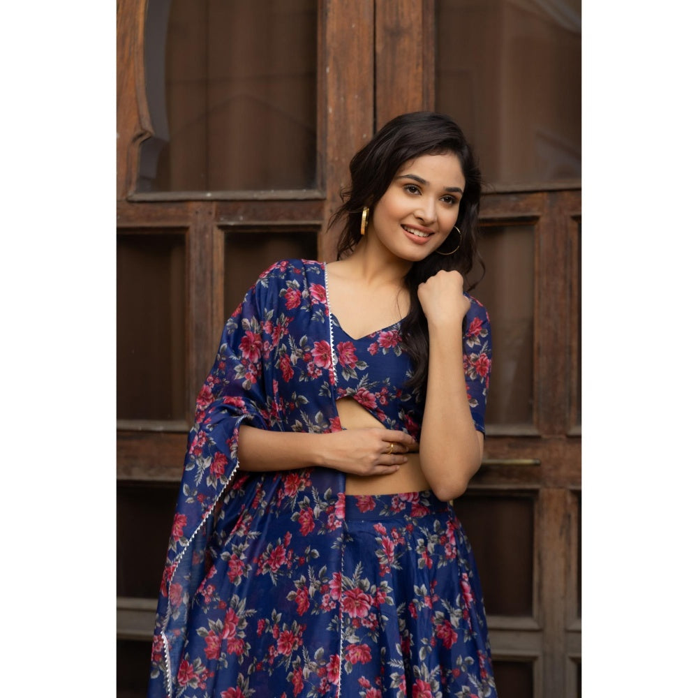 DEASHA INDIA Saira Blue Floral Printed Lehenga with Blouse and Dupatta (Set of 3)