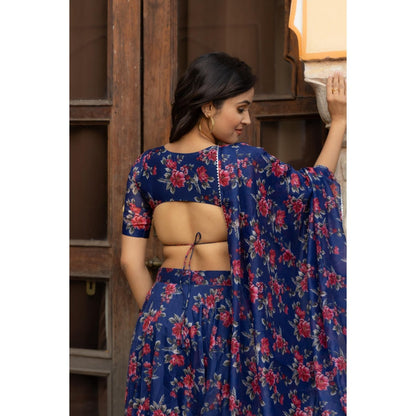 DEASHA INDIA Saira Blue Floral Printed Lehenga with Blouse and Dupatta (Set of 3)