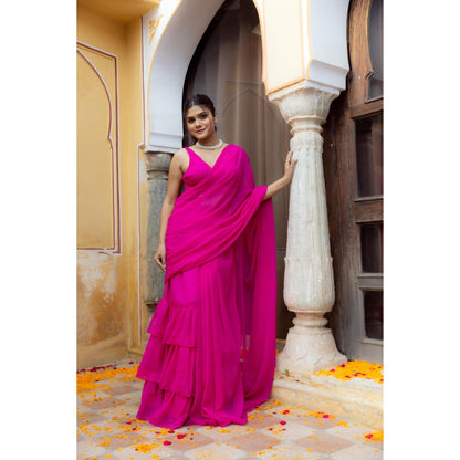 DEASHA INDIA Urvika Pink Ruffle Pre Draped Saree with Stitched Blouse