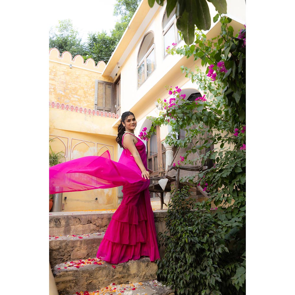 DEASHA INDIA Urvika Pink Ruffle Pre Draped Saree with Stitched Blouse