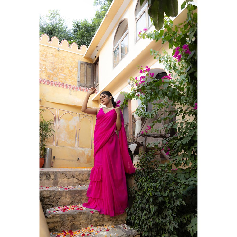 DEASHA INDIA Urvika Pink Ruffle Pre Draped Saree with Stitched Blouse