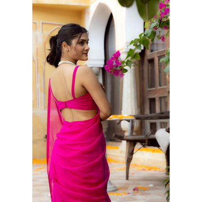DEASHA INDIA Urvika Pink Ruffle Pre Draped Saree with Stitched Blouse