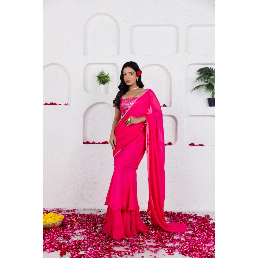 DEASHA INDIA Gia French Rose Pink Ruffle Pre Draped Saree with Stitched Blouse