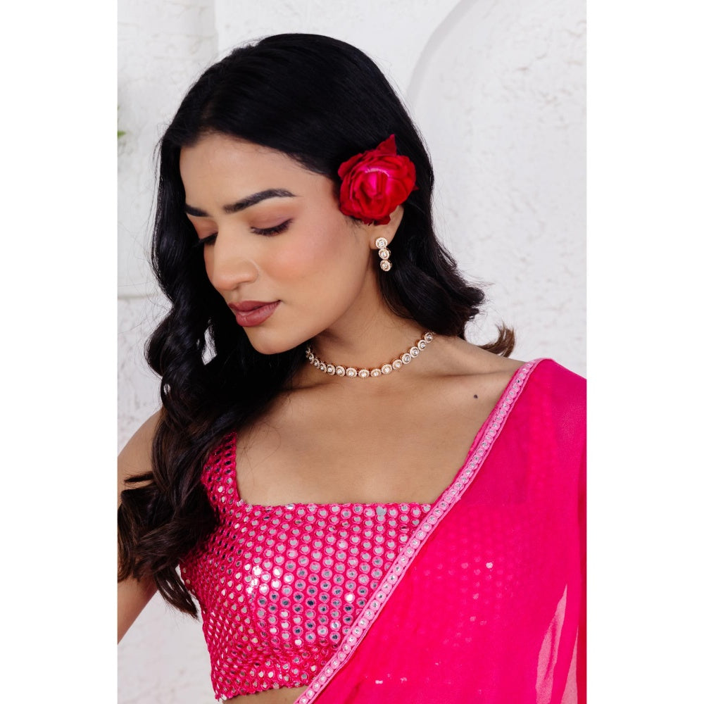 DEASHA INDIA Gia French Rose Pink Ruffle Pre Draped Saree with Stitched Blouse