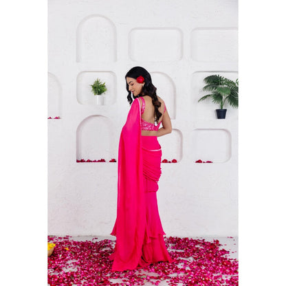 DEASHA INDIA Gia French Rose Pink Ruffle Pre Draped Saree with Stitched Blouse