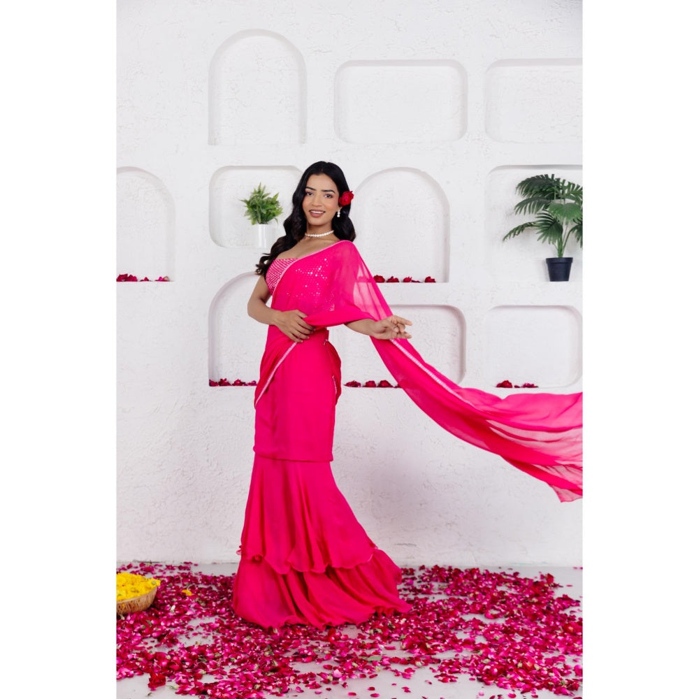 DEASHA INDIA Gia French Rose Pink Ruffle Pre Draped Saree with Stitched Blouse