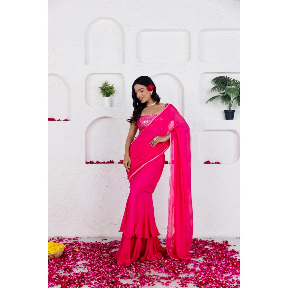 DEASHA INDIA Gia French Rose Pink Ruffle Pre Draped Saree with Stitched Blouse