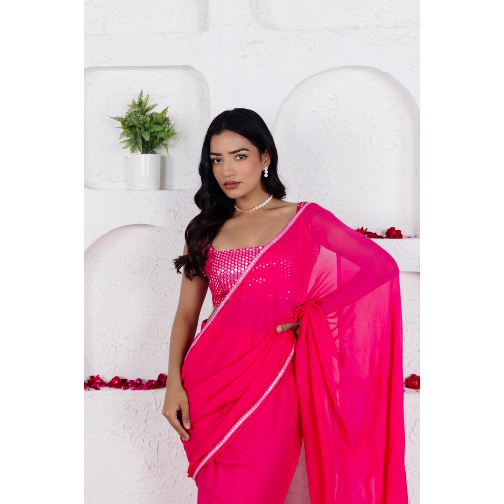 DEASHA INDIA Gia French Rose Pink Ruffle Pre Draped Saree with Stitched Blouse