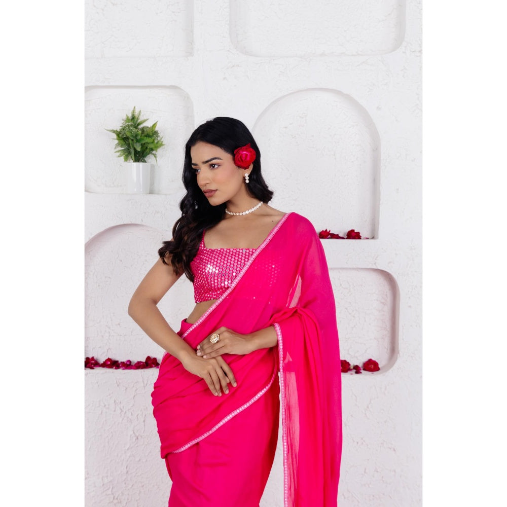 DEASHA INDIA Gia French Rose Pink Ruffle Pre Draped Saree with Stitched Blouse