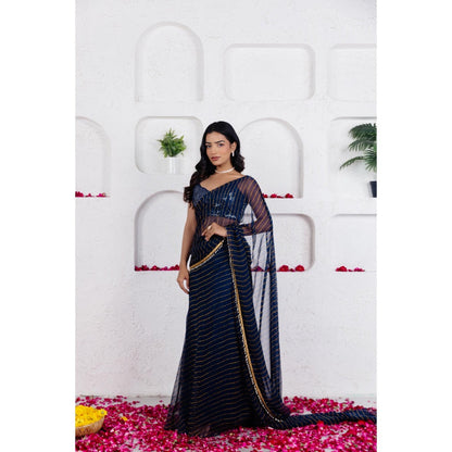 DEASHA INDIA Kairi Midnight Blue Pre Draped Saree with Stitched Blouse