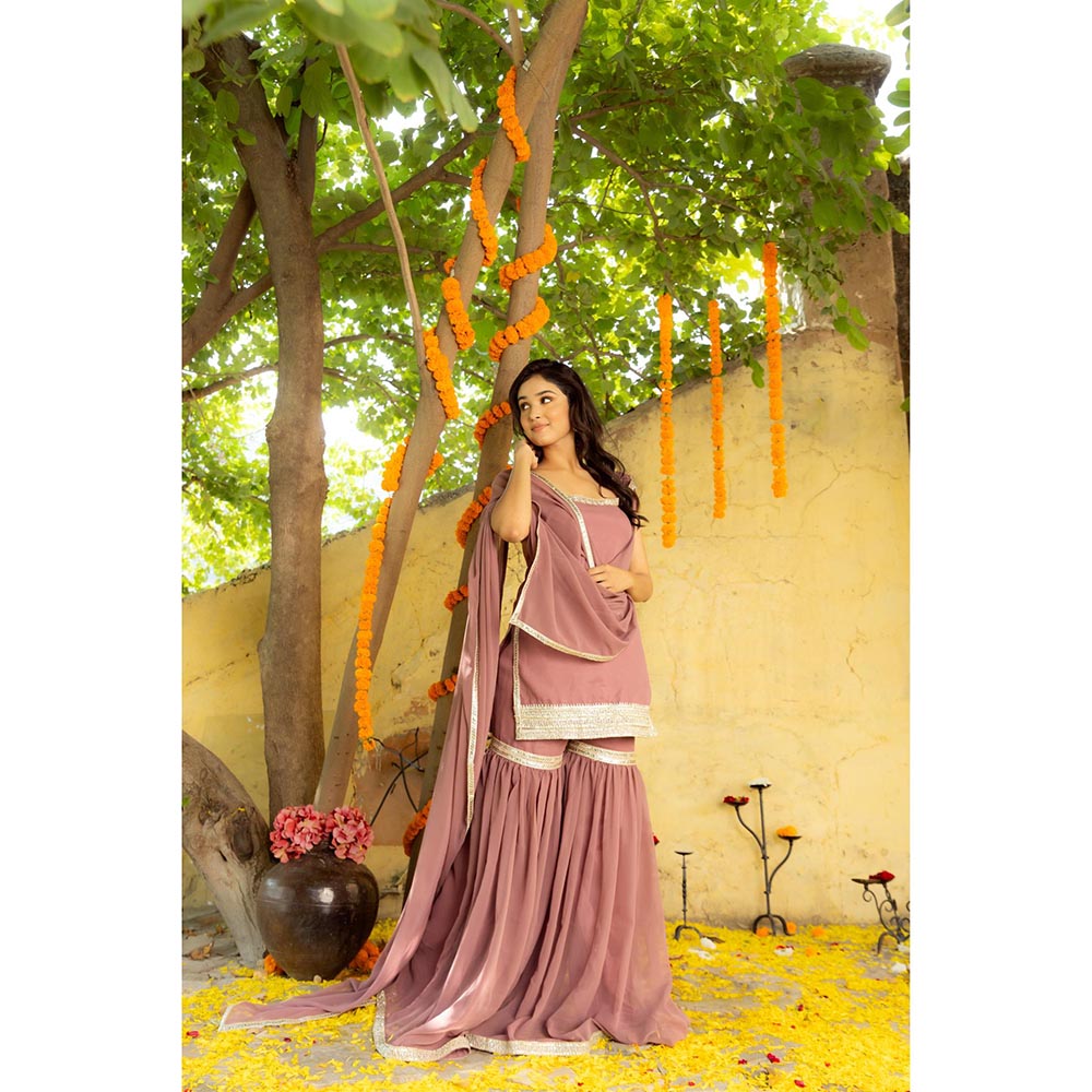 DEASHA INDIA Avya Mauve Detailed Sharara with Short Kurta and Dupatta (Set of 3)