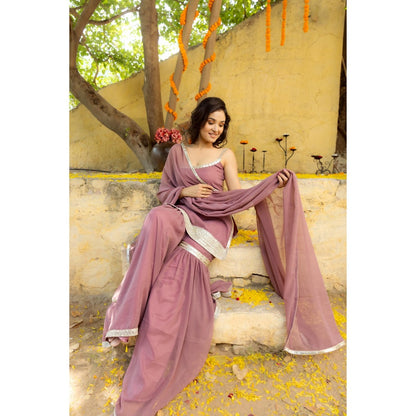 DEASHA INDIA Avya Mauve Detailed Sharara with Short Kurta and Dupatta (Set of 3)