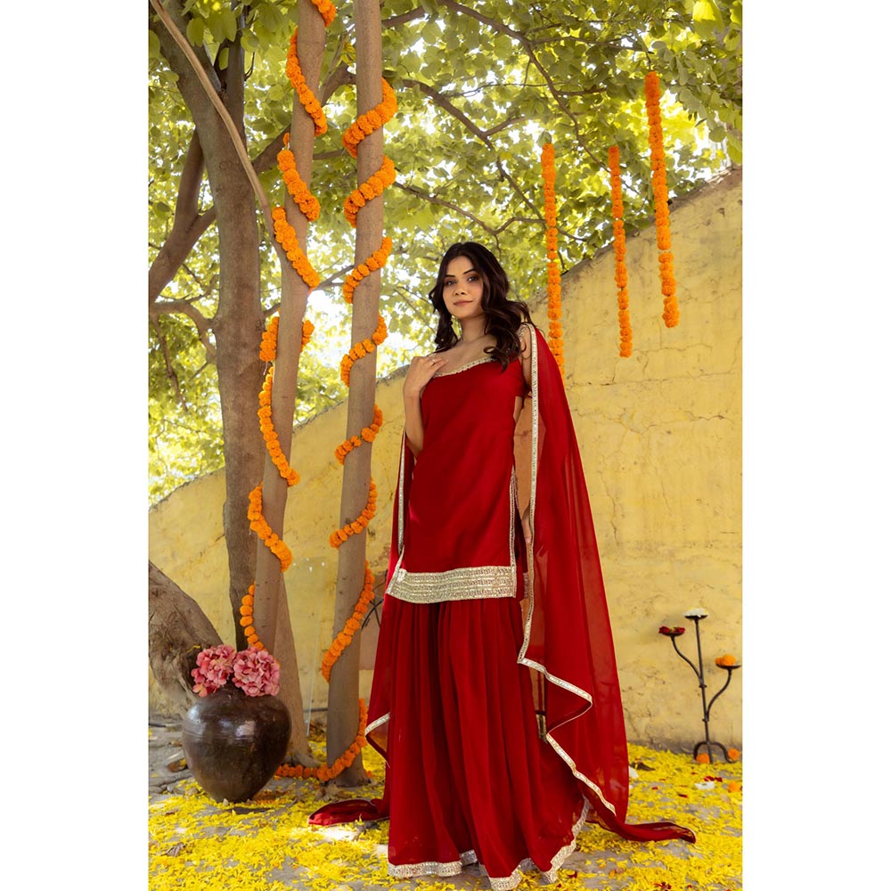 DEASHA INDIA Ragini Red Detailed Sharara with Short Kurta and Dupatta (Set of 3)