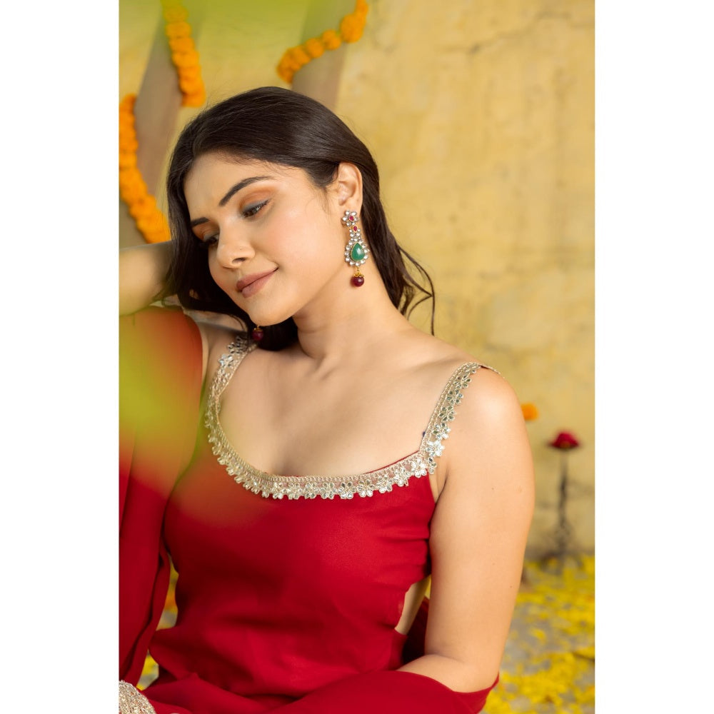 DEASHA INDIA Ragini Red Detailed Sharara with Short Kurta and Dupatta (Set of 3)