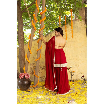 DEASHA INDIA Ragini Red Detailed Sharara with Short Kurta and Dupatta (Set of 3)