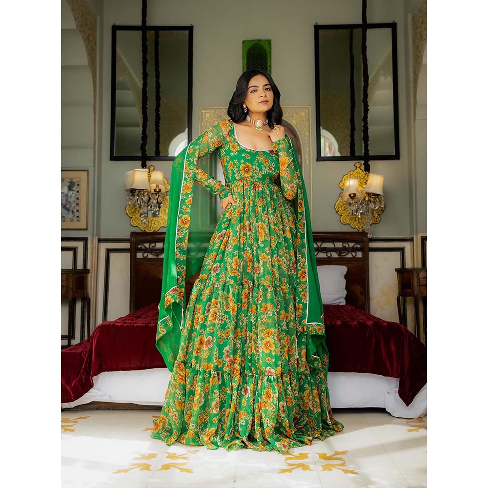 DEASHA INDIA Ishya Green Floral Printed Tiered Anarkali with Pant and Dupatta (Set of 3)