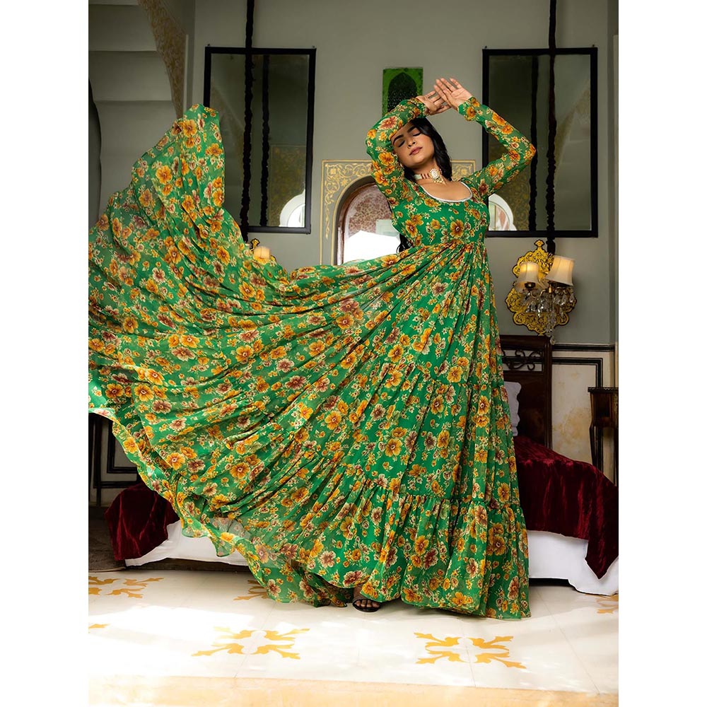 DEASHA INDIA Ishya Green Floral Printed Tiered Anarkali with Pant and Dupatta (Set of 3)