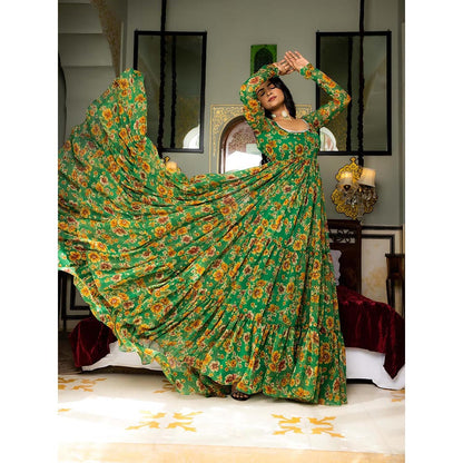 DEASHA INDIA Ishya Green Floral Printed Tiered Anarkali with Pant and Dupatta (Set of 3)