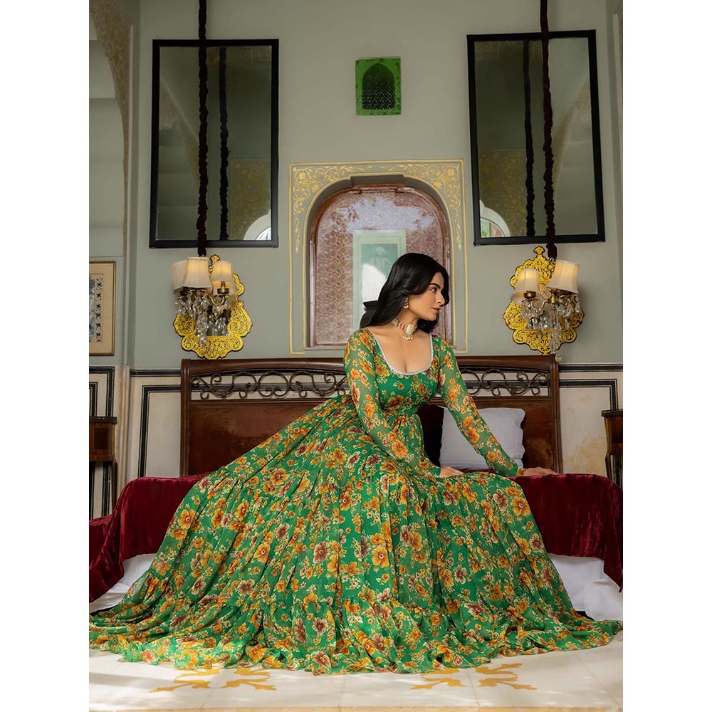 DEASHA INDIA Ishya Green Floral Printed Tiered Anarkali with Pant and Dupatta (Set of 3)