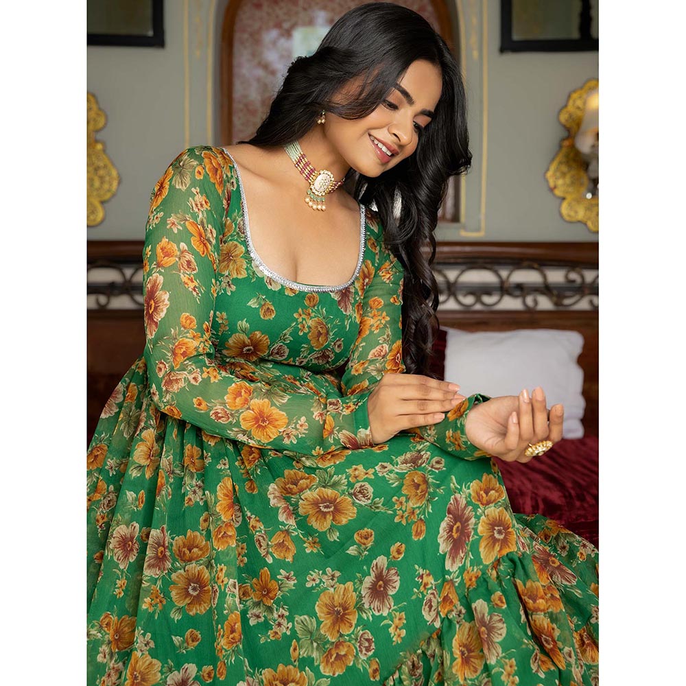 DEASHA INDIA Ishya Green Floral Printed Tiered Anarkali with Pant and Dupatta (Set of 3)
