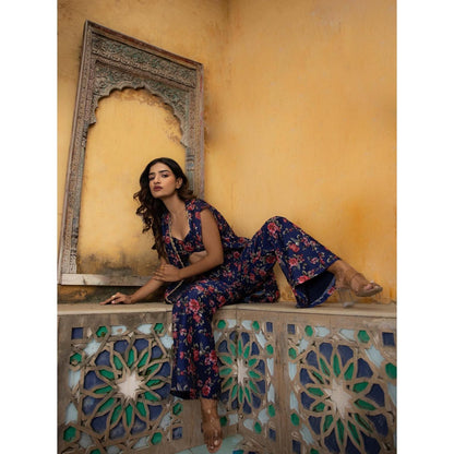 DEASHA INDIA Clara Ford Blue Floral Printed Bustier with Palazzo and Cape (Set of 3)