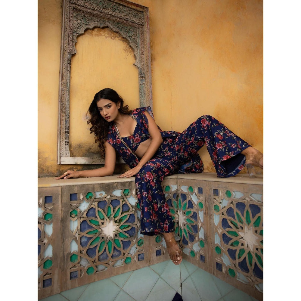DEASHA INDIA Clara Ford Blue Floral Printed Bustier with Palazzo and Cape (Set of 3)