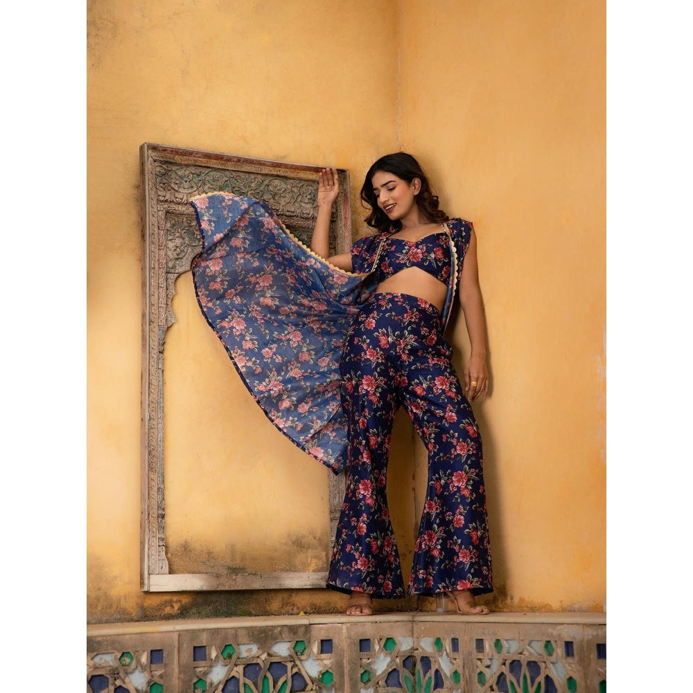 DEASHA INDIA Clara Ford Blue Floral Printed Bustier with Palazzo and Cape (Set of 3)