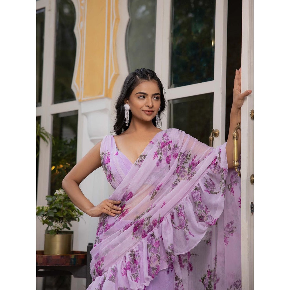 DEASHA INDIA Anisah Lavender Floral Printed Ruffle Pre Draped Saree with Stitched Blouse
