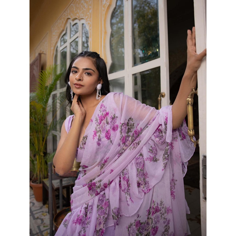 DEASHA INDIA Anisah Lavender Floral Printed Ruffle Pre Draped Saree with Stitched Blouse