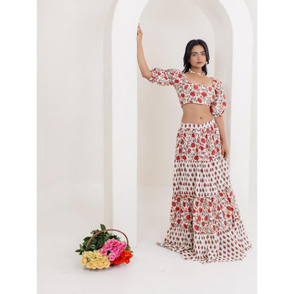 DEASHA INDIA White Enora Cotton Floral Printed Crop Top with Skirt (Set of 2)
