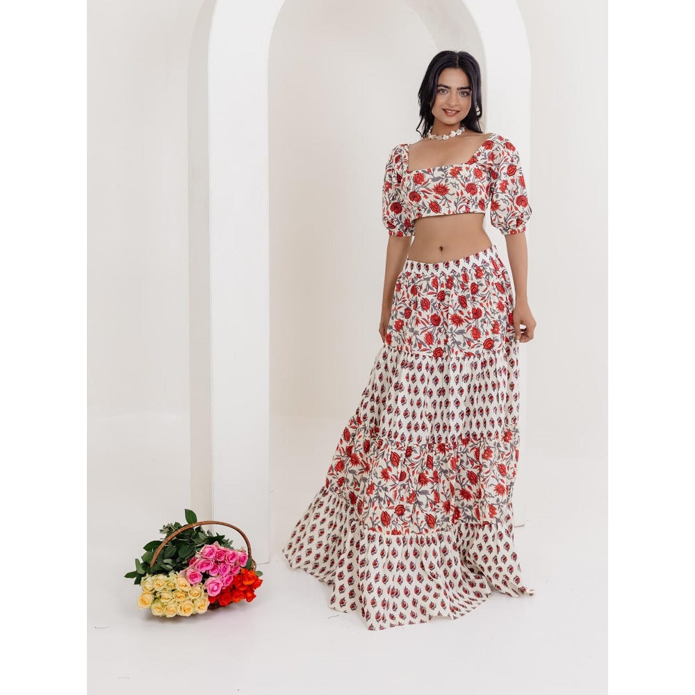 DEASHA INDIA White Enora Cotton Floral Printed Crop Top with Skirt (Set of 2)