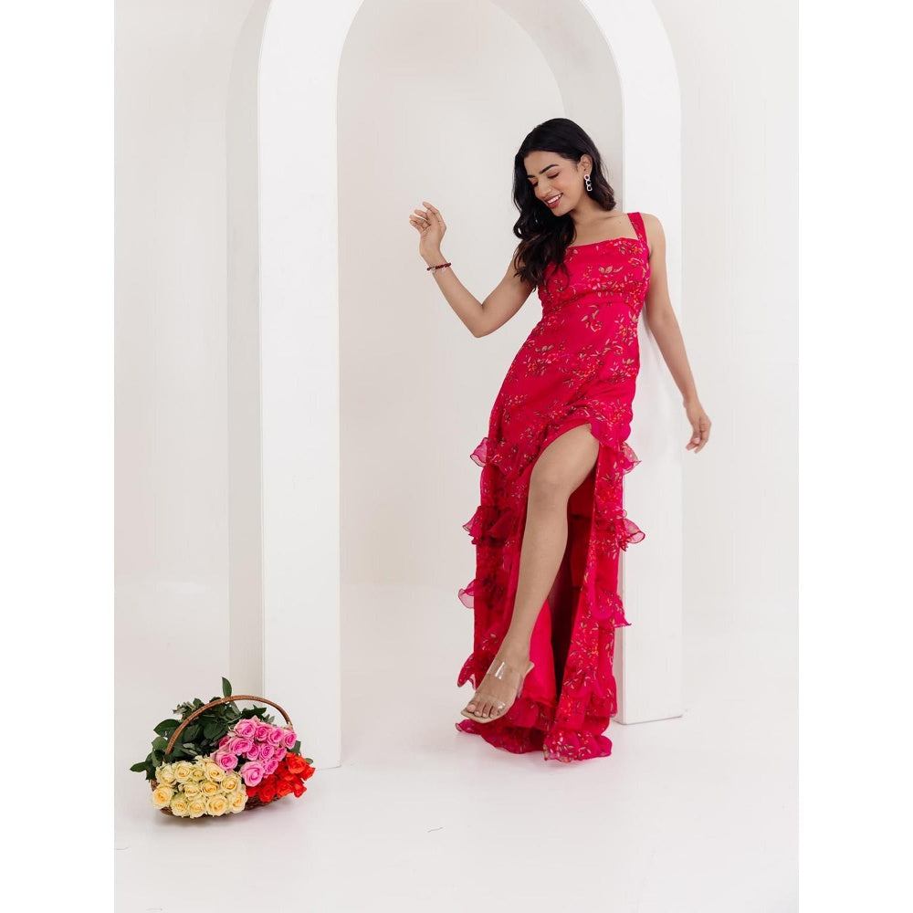 DEASHA INDIA Rumi Magenta Pink Floral Side Slit Long Dress
