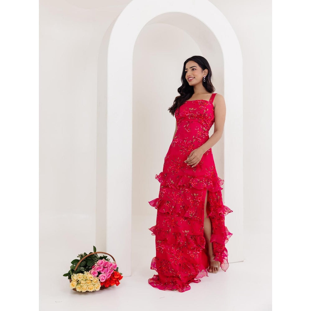DEASHA INDIA Rumi Magenta Pink Floral Side Slit Long Dress