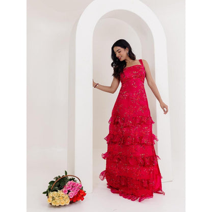 DEASHA INDIA Rumi Magenta Pink Floral Side Slit Long Dress