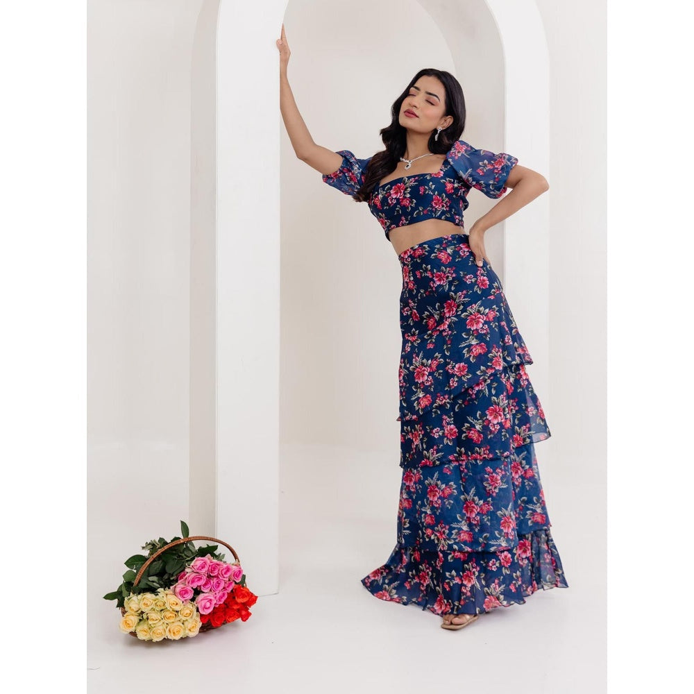 DEASHA INDIA Liana Navy Blue Floral Printed Crop Top with Skirt (Set of 2)