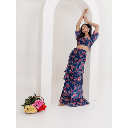 DEASHA INDIA Liana Navy Blue Floral Printed Crop Top with Skirt (Set of 2)