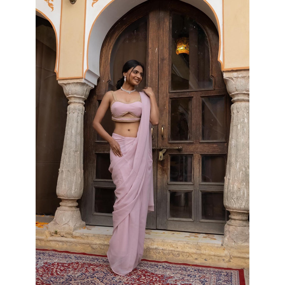 DEASHA INDIA Pink Pre Draped Saree with Stitched Blouse