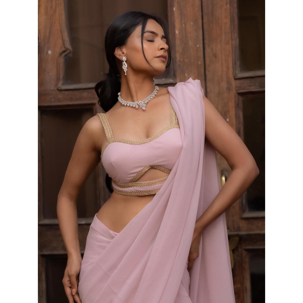 DEASHA INDIA Pink Pre Draped Saree with Stitched Blouse