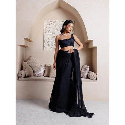 DEASHA INDIA Sana Black One Shoulder Ready To Wear Saree with Stitched Blouse