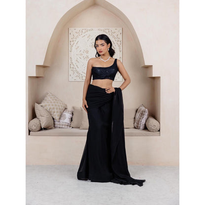 DEASHA INDIA Sana Black One Shoulder Ready To Wear Saree with Stitched Blouse