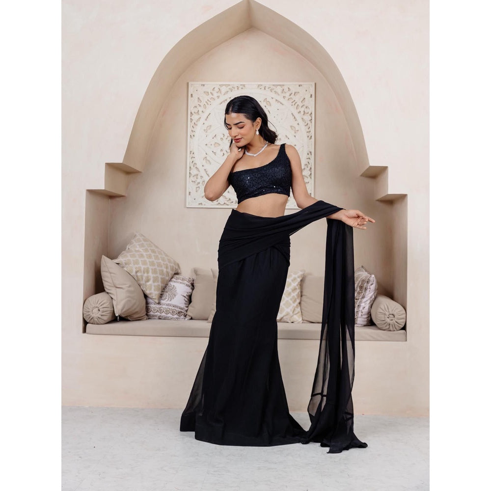 DEASHA INDIA Sana Black One Shoulder Ready To Wear Saree with Stitched Blouse