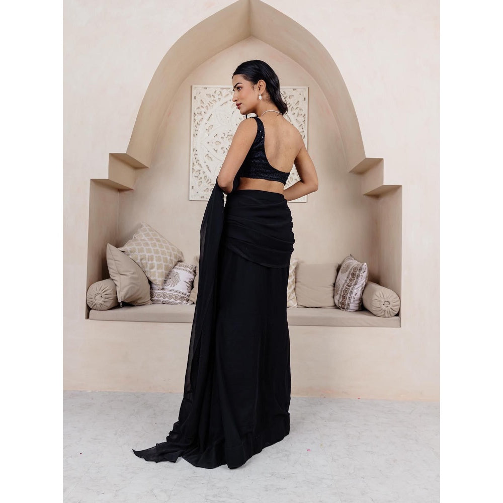 DEASHA INDIA Sana Black One Shoulder Ready To Wear Saree with Stitched Blouse