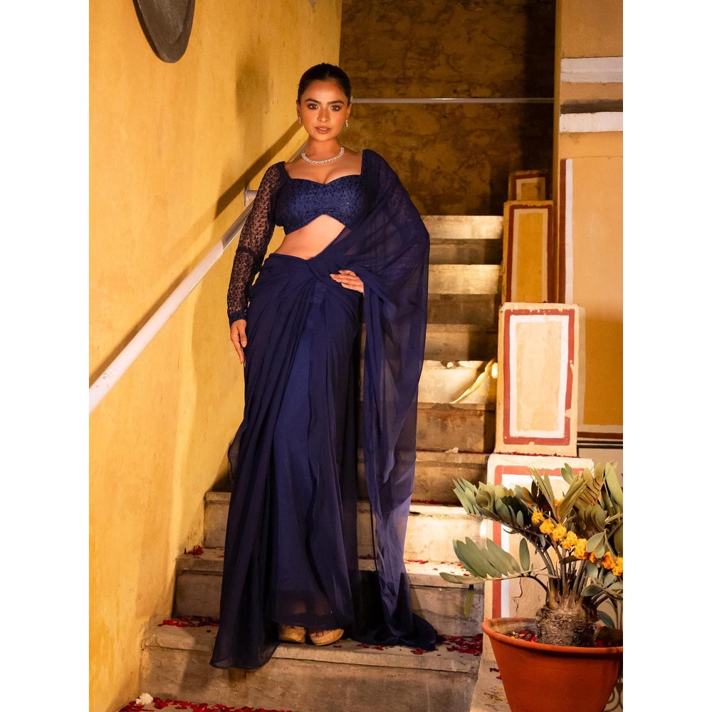 DEASHA INDIA Navy Blue Pre Draped Saree with Stitched Blouse