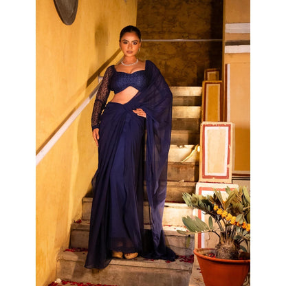DEASHA INDIA Navy Blue Pre Draped Saree with Stitched Blouse